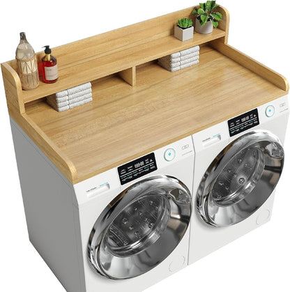 2-Tier Washer Dryer Countertop with 2.75" H Edge Rails, 54" W x 27.55" D Laundry Countertop for Folding Clothes, Washer and Dryer Topper with Non-Slip Pad (Dark Walnut)