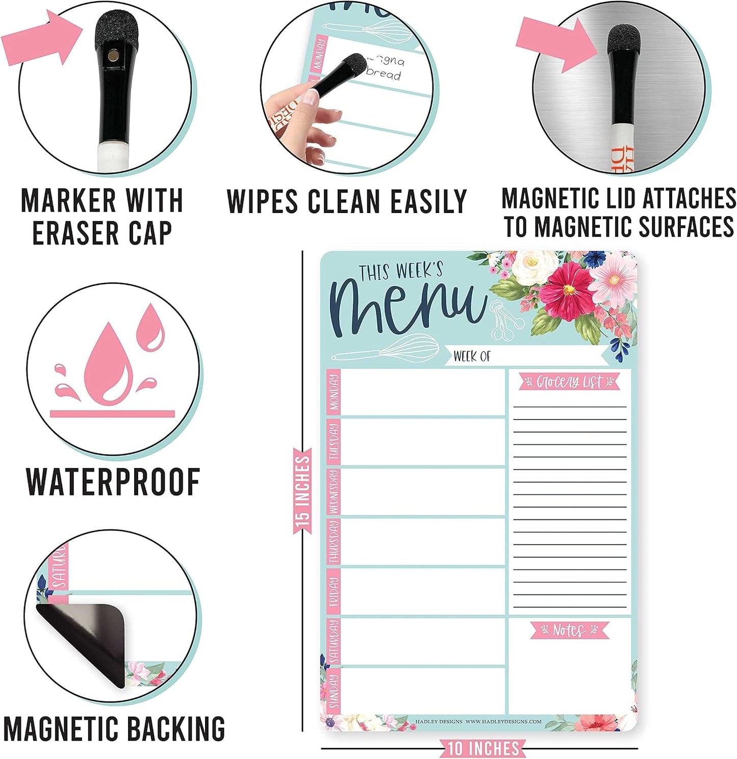 Hadley Designs Weekly Meal Planner for Fridge - Dinner Menu Board for Kitchen, Kraft Weekly Menu Board Dry Erase, Dry Erase Meal Planner for Fridge, Grocery List for Fridges with Conversion Chart