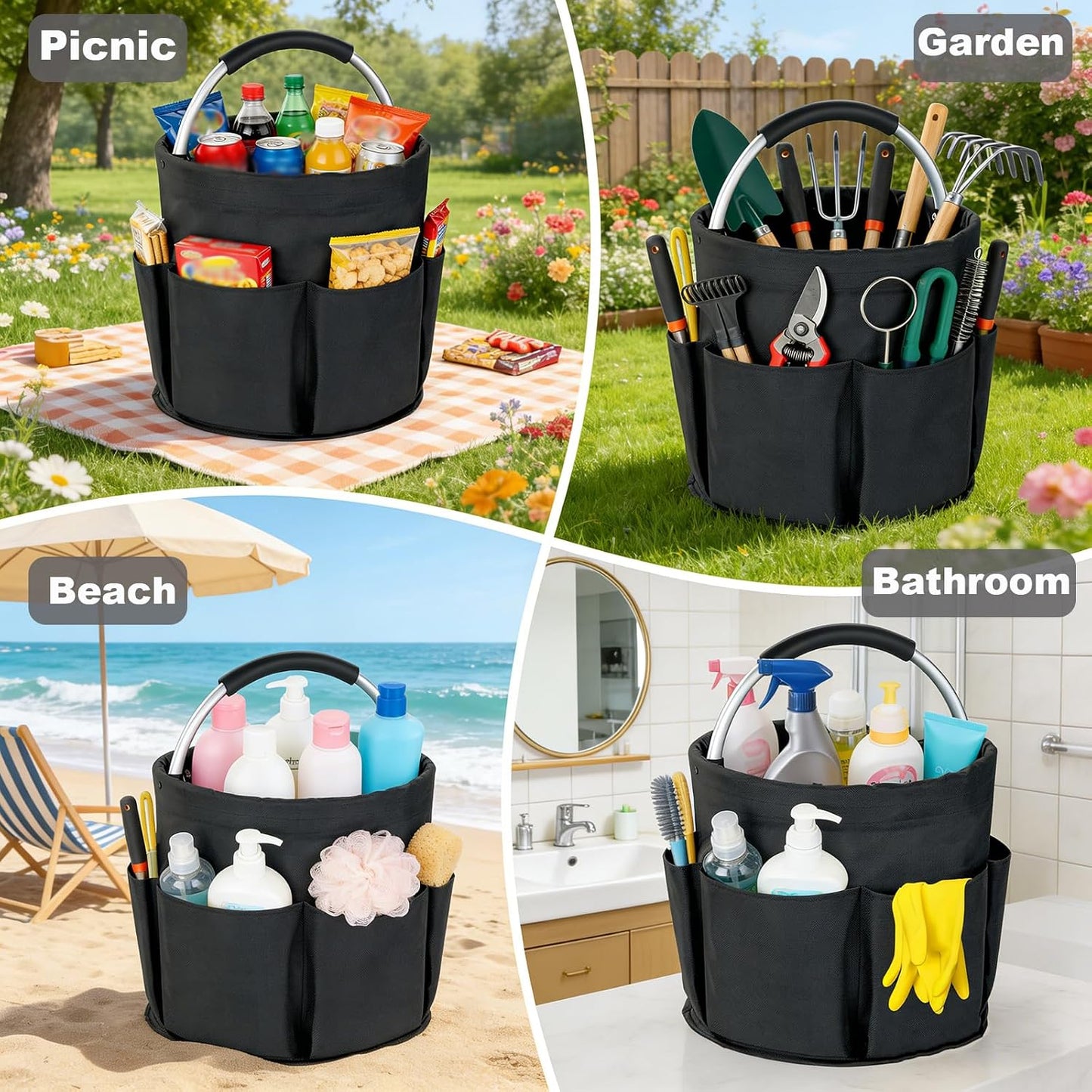 Cleaning Caddy with Handle, 17L Foldable Cleaning Supplies Organizer, Portable Storage Basket, Cleaning Supply Caddy, Multifunctional Cleaning Bucket Bag for Garden, Home, Kitchen (Black)