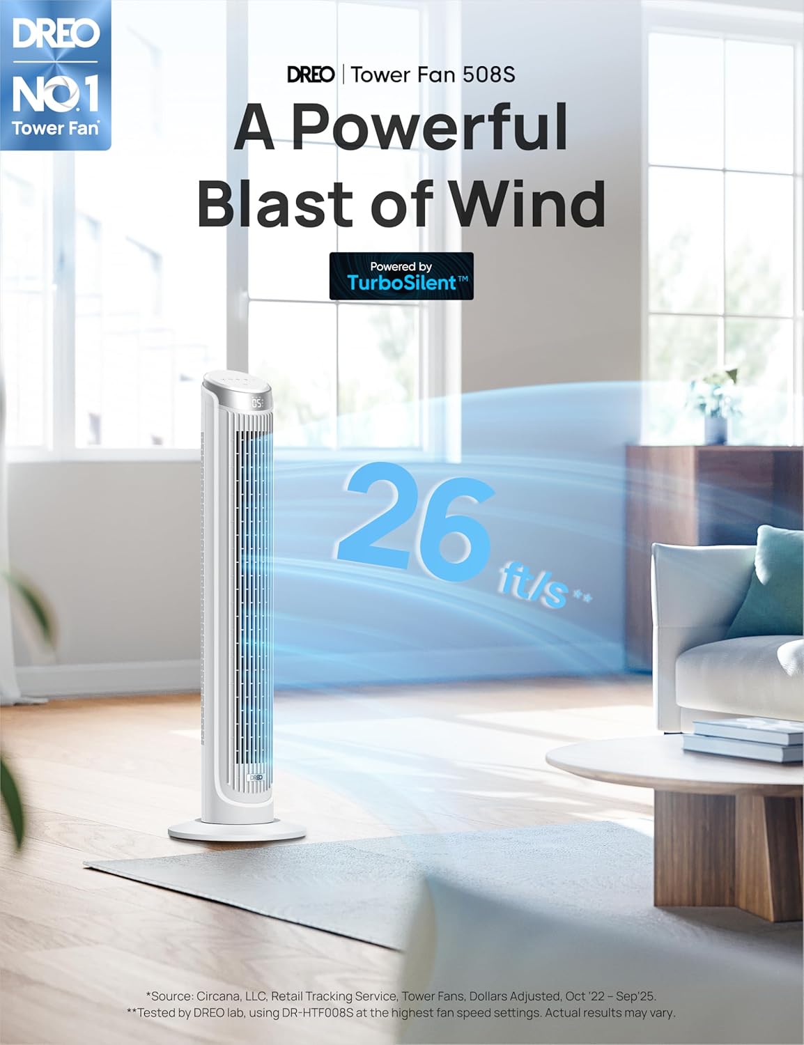DREO Smart Tower Fan for Bedroom, 90° Oscillating Fans that Blow Cold Air | 26ft/s high-speed Standing Fan, 5 speeds 4 modes, Quiet Floor Fans for Room , 12H timer, Remote/APP & Voice Control, Silver