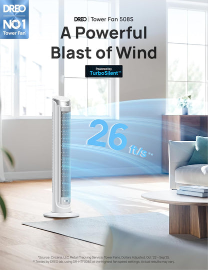 DREO Smart Tower Fan for Bedroom, 90° Oscillating Fans that Blow Cold Air | 26ft/s high-speed Standing Fan, 5 speeds 4 modes, Quiet Floor Fans for Room , 12H timer, Remote/APP & Voice Control, Silver
