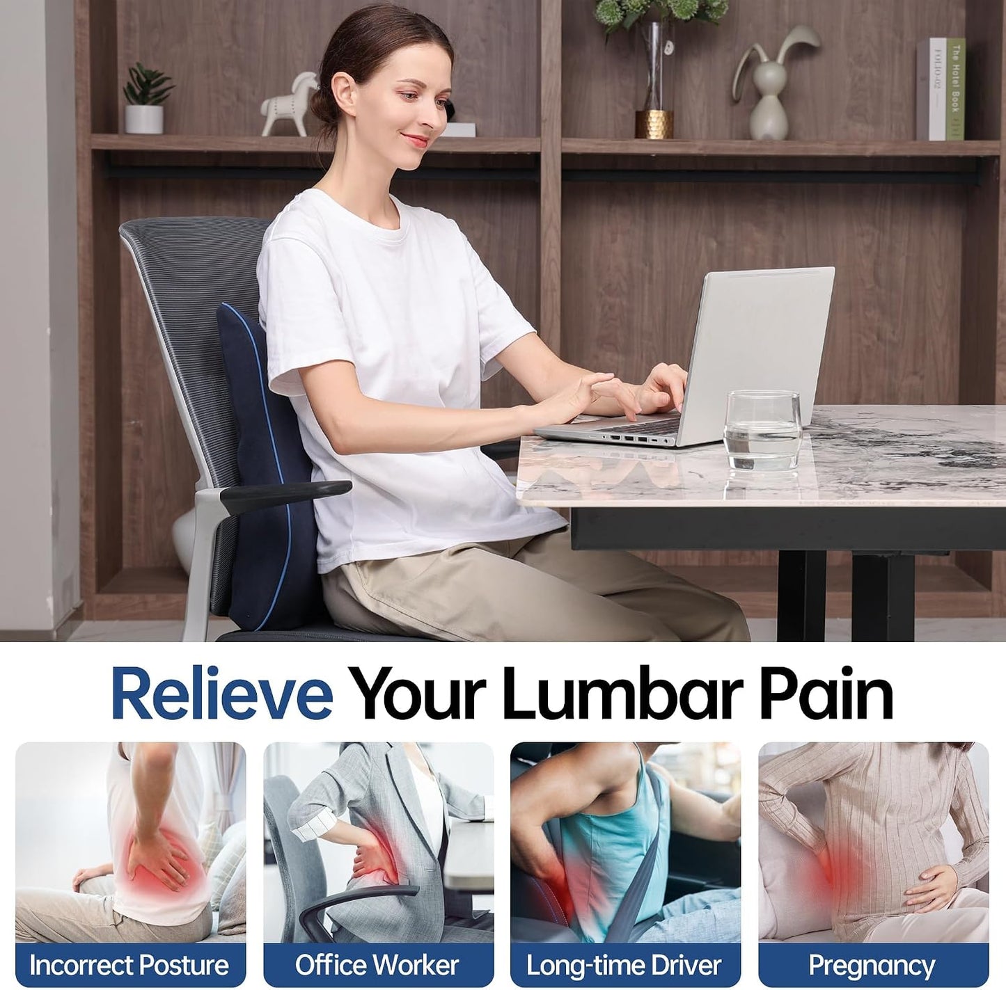 Soft Comfortable Memory Lumbar Support Pillow Back Cushion for Offic | Built-In Adjustable Straps Secure Reduce Back Soreness Pressure Distribution Breathable Premium Fabric Long-lasting Support