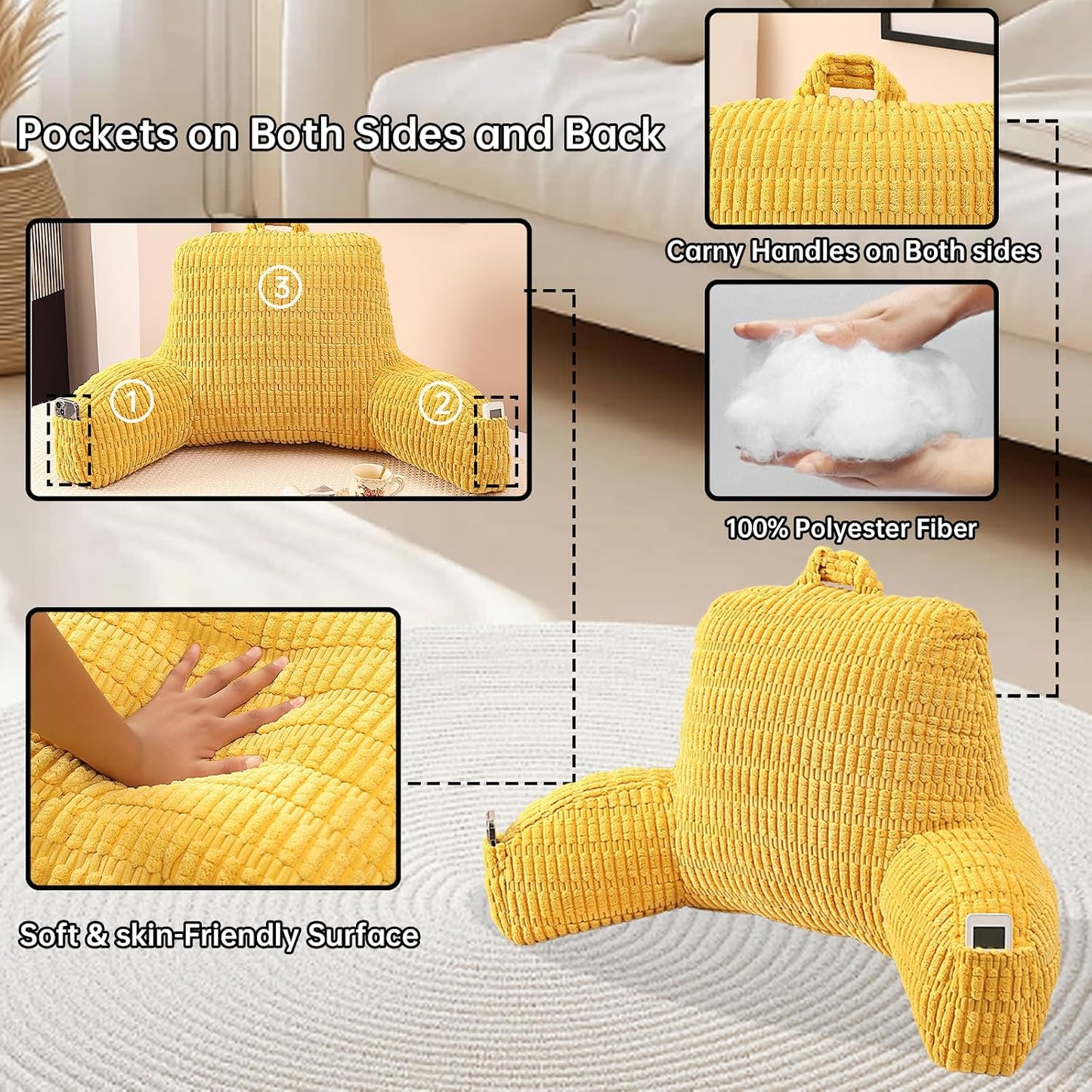 Reading Pillow with Arms for Sitting in Bed,Backrest,White Flannel,M | 17" Backrest Supports Back for College Students,Elbows & Forearms for Dorm Reading,Gaming,Watching TV