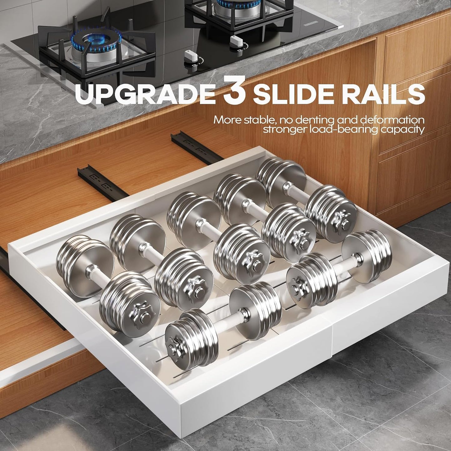 Seinloes 2Pack Expandable Pull Out Cabinet Organizer 21"Deep With Raising Pad for Framed Cabinets, Upgrade 3 Slide Rails Slide Out Drawers, Roll Out Shelves Adhesive,Adjustable Width 12.05"-20.4"White