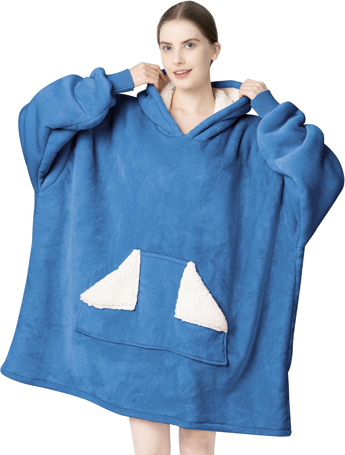 Wearable Blanket Hoodie, Oversized Sherpa Fleece Sweatshirt Blanket with Giant Hood Pocket and Sleeves for Adult, Warm & Cozy Grey Blanket Gifts for Women