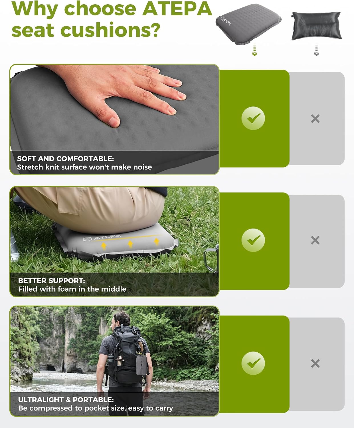 ATEPA Inflatable Seat Cushion | 2" & 2.5" foam core seat pad, Self inflating, Compact, Stadium, Airplane, Travel, Camping, Hiking, Sports events