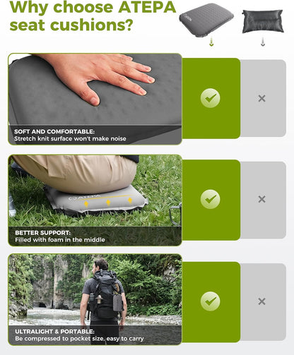 ATEPA Inflatable Seat Cushion | 2" & 2.5" foam core seat pad, Self inflating, Compact, Stadium, Airplane, Travel, Camping, Hiking, Sports events