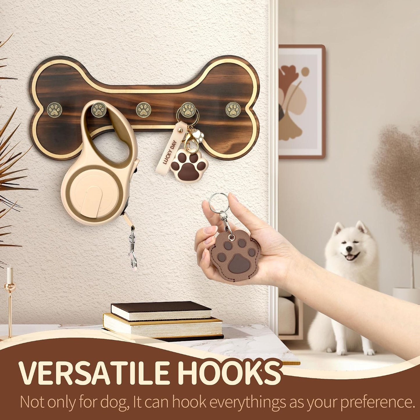 MTERSN Dog Leash Holder Wall Mount with 3D Paws Hooks, Distressed White | Bone-Shaped Dog Leash Holder for Wall, Leash Holder, 5 Dog Leash Hook, Pet Accessories Storage, Gift for Dog Lovers
