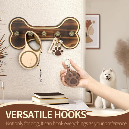 MTERSN Dog Leash Holder Wall Mount with 3D Paws Hooks, Distressed White | Bone-Shaped Dog Leash Holder for Wall, Leash Holder, 5 Dog Leash Hook, Pet Accessories Storage, Gift for Dog Lovers