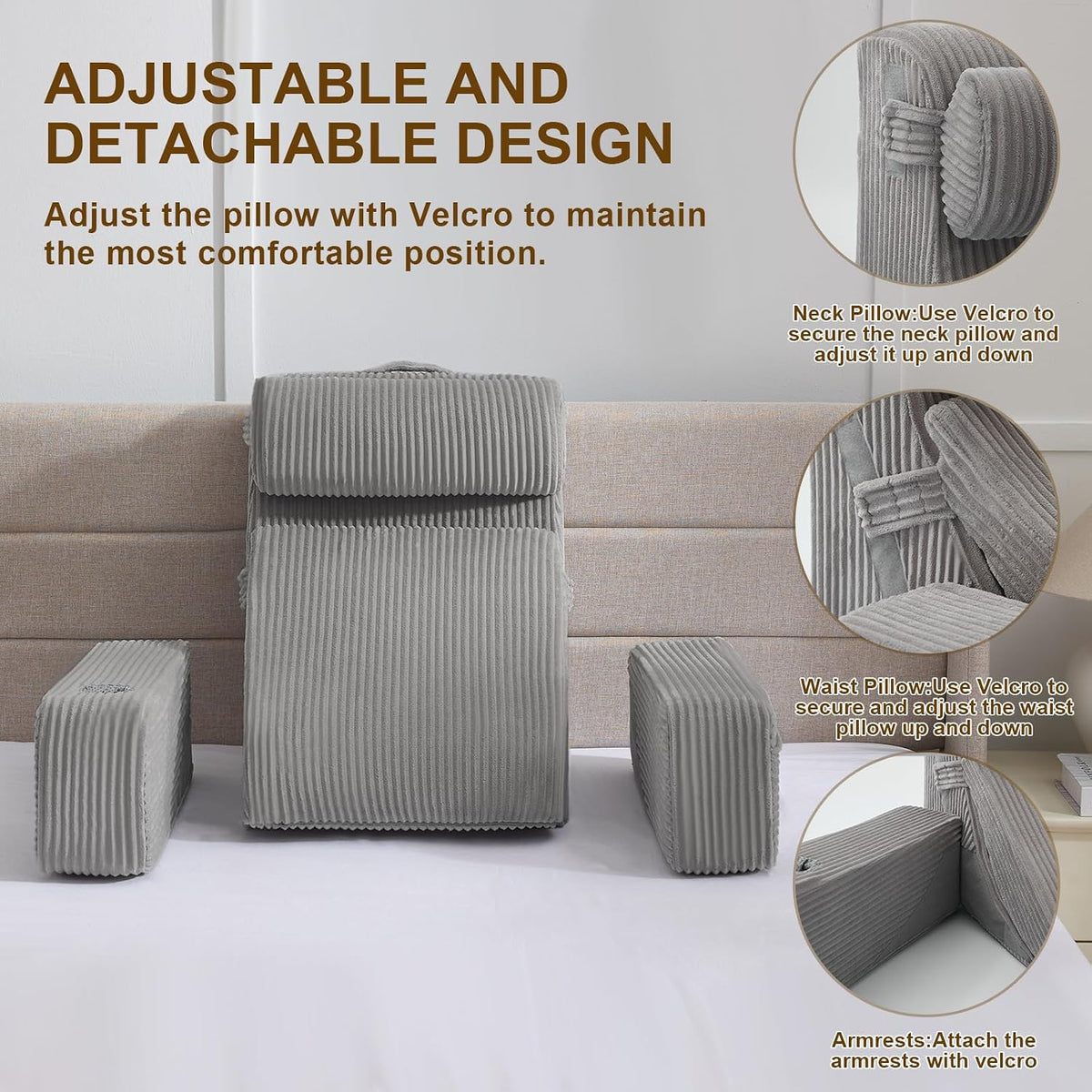 Reading Pillow for Sitting in Bed Adult, Back Pillow for Bed Sitting up with Arms, Pockets and Cup holder, Sit Up Backrest Pillows for Beds Chair Support, Rest Pillow for Gaming (Light gray)