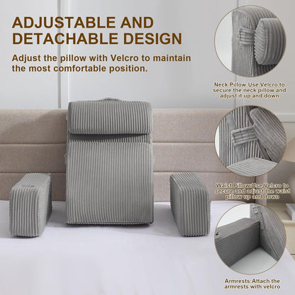 Reading Pillow for Sitting in Bed Adult, Back Pillow for Bed Sitting up with Arms, Pockets and Cup holder, Sit Up Backrest Pillows for Beds Chair Support, Rest Pillow for Gaming (Light gray)