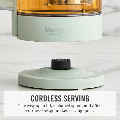 Martha Stewart 1.7L Glass Carafe Electric Kettle with Removable Tea Infuser | 7 Cups, 4 Presets, Rapid Boiling, Stainless Steel Tea Leaf Infuser, Cordless Swivel Base, Keep Warm, Auto Shut-Off, Linen