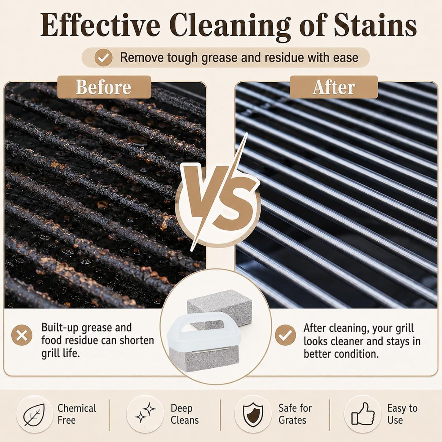 Heavy Duty Grill Cleaning Brick with Handle, Durable Griddle Pumice Stone Cleaning Blocks Removing Stains for Flat Top, Oven, Stove, BBQ Grates, Cookware (3)
