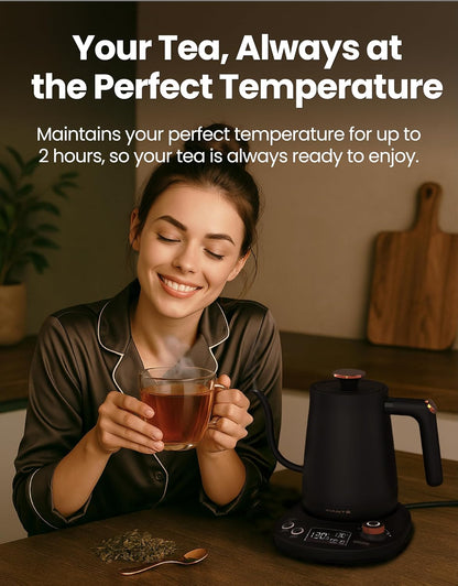 Viante Alba Electric Tea Kettle With Infuser, No Plastic, 1.5L | Borosilicate glass & 304 stainless steel construction. 4 temp presets, keep-warm, cordless, auto shut-off