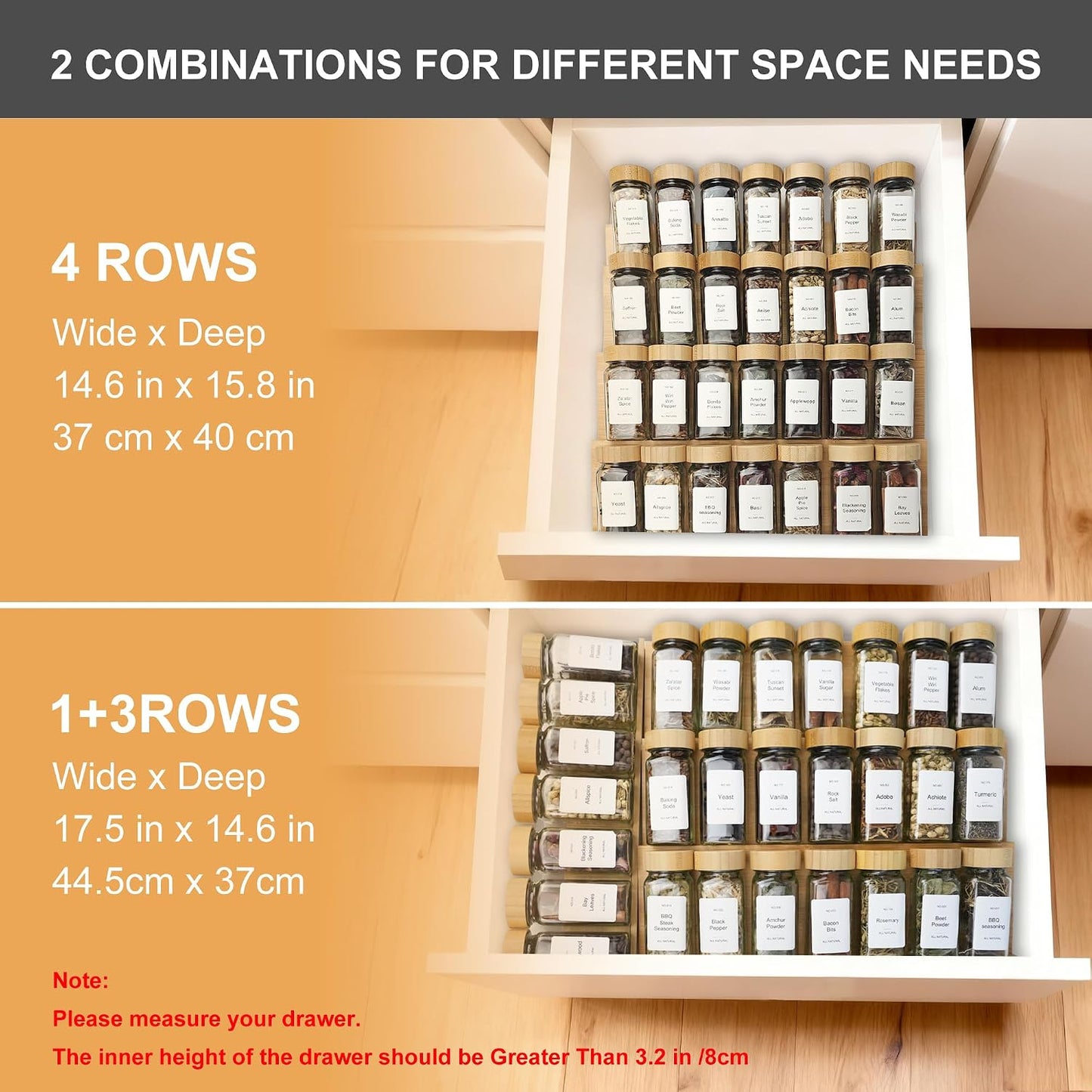 Spice Drawer Organzier,4 Tiers Bamboo Spice Rack Tray Insert for Cabinet Drawer Countertop, Kitchen Seasoning Storage Drawer Organization,14.57" Wide x 15.8" Deep （Hold UP To 32 Jars