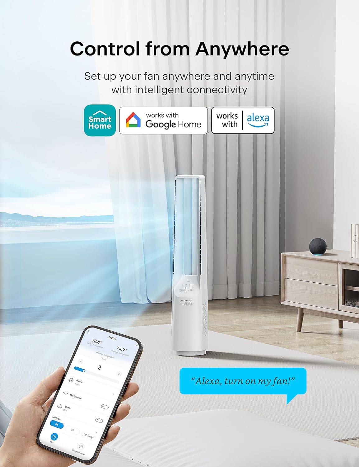 PELONIS 40" 90° Oscillation Bladeless Fan for Bedroom with Remote, White