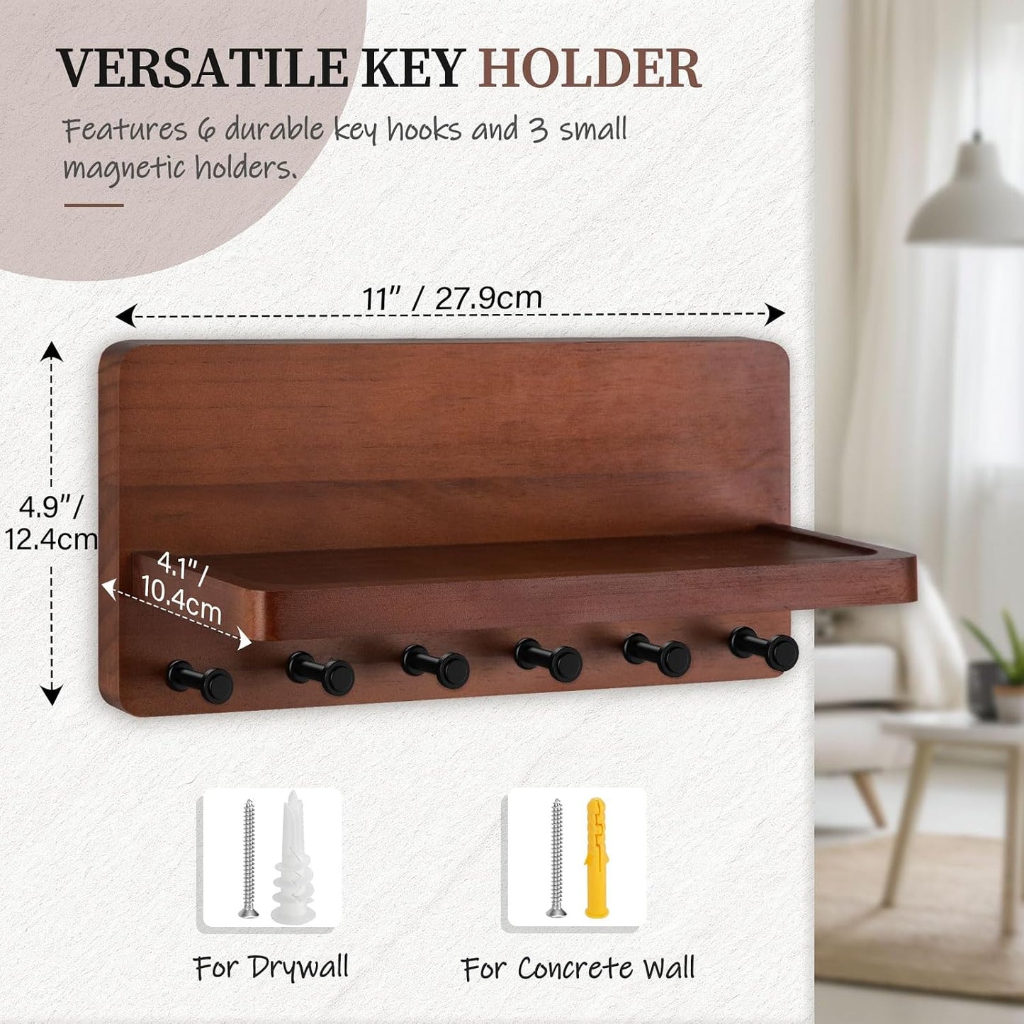 Nekon Key Holder for Wall with Shelf, Pine Wooden Key Hanger, Black | Small Wall Mounted Key Holder with 4 Hooks, Farmhouse Wall Organizer for Home Entryway & Apartment