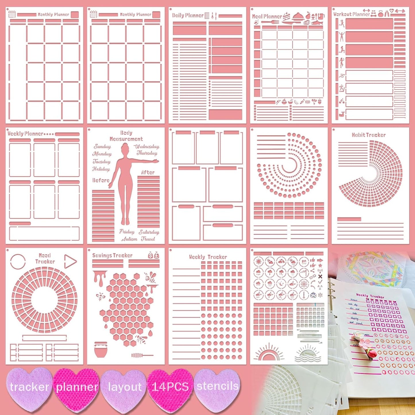 Journal Stencils, 14 PCS A5 Plastic Reusable Multi-Functional Tracker & Planner Stencils for Dotted Journals, Easily to Track Your Daily Life and Create Custom Layout for Dot Journal Notebook