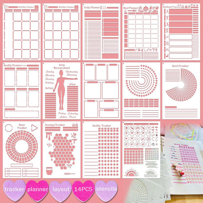 Journal Stencils, 14 PCS A5 Plastic Reusable Multi-Functional Tracker & Planner Stencils for Dotted Journals, Easily to Track Your Daily Life and Create Custom Layout for Dot Journal Notebook