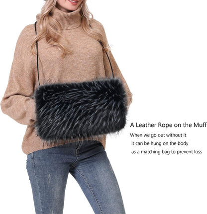 LA CARRIE Faux Fur Hand Muffs Women Winter Warmer Fuzzy Pouch Furry Plush Muffler Wedding Girl Kids Elegant Luxury Chic