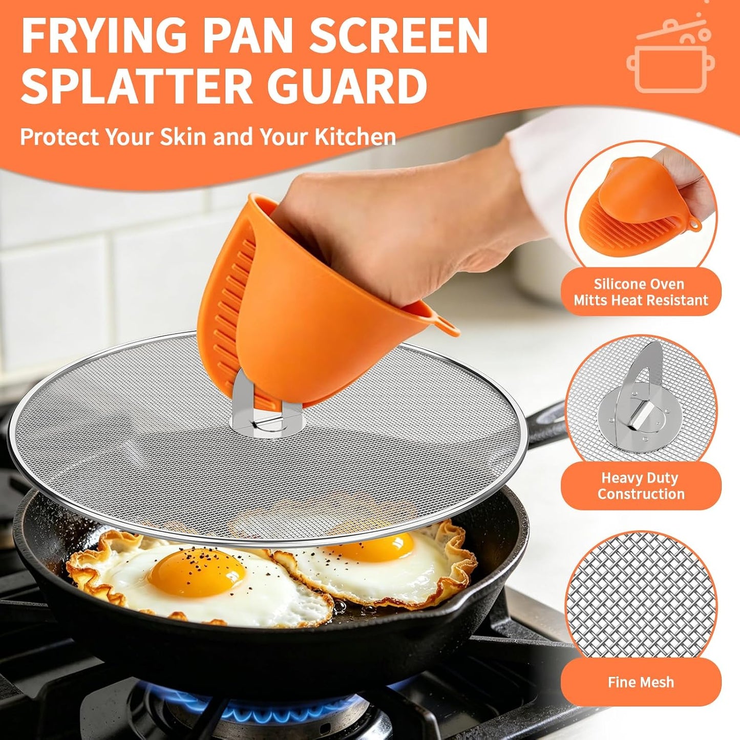 Splatter Screen for Frying Pan, 3-Pack 10" 11.5" 13" 304 Steel | Silicone oven mitts and foldable handle included. Dishwasher safe 304 stainless steel splash guard fits most pans.