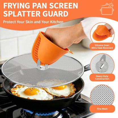 Splatter Screen for Frying Pan, 3-Pack 10" 11.5" 13" 304 Steel | Silicone oven mitts and foldable handle included. Dishwasher safe 304 stainless steel splash guard fits most pans.