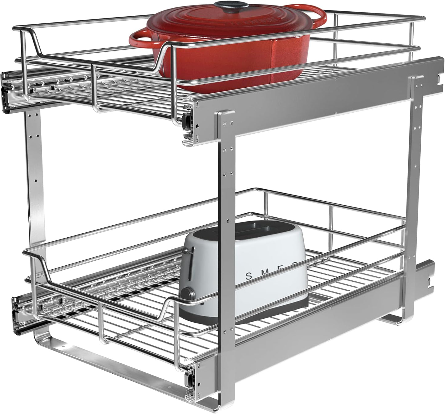 2-Tier Cabinet Pull Out Shelves, 14" W x 22" D, Chrome | Heavy-Gauge Wire Kitchen Cabinet Organizer, 100 lbs Capacity, Ball-Bearing Glides, Min 15" Opening, For Tupperware & Bowls