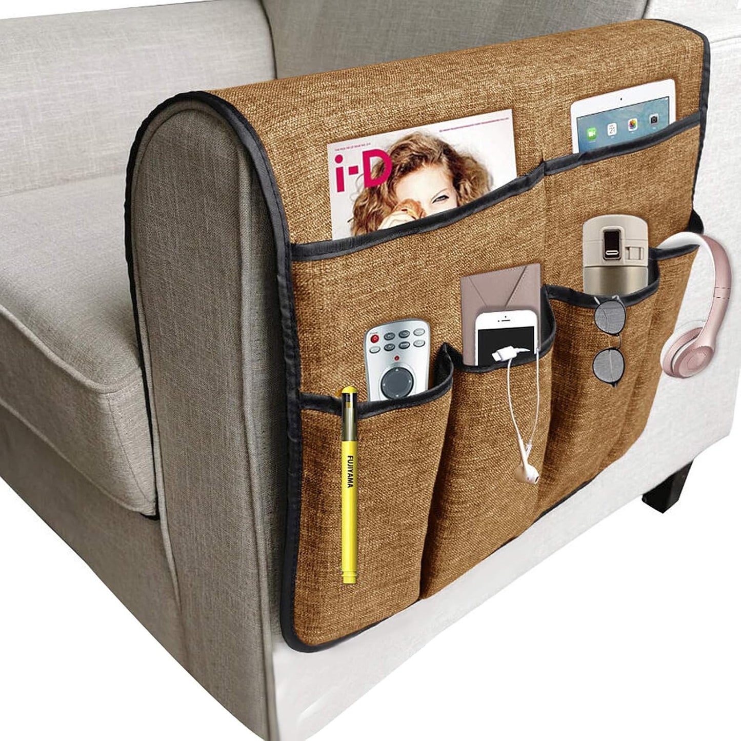 Couch Sofa Armrest Organiser Arm Chair Caddy Bedside Storage Pocket with 8 Pockets TV Remote Holder Bed Storage Pocket Bag for Cellphone Tablet Notepad Book Magazines DVD Glasses