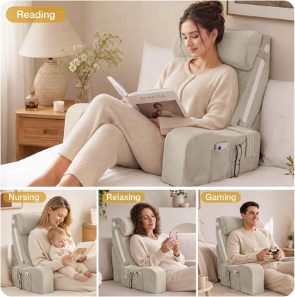 Sasttie 15-25 inch Adjustable Reading Pillow with Armrests, Dark Grey | Back Rest Pillow with Secure Side Straps, Memory Foam Back Support Cushion Bed Chair for Reading, Gaming & Relaxing