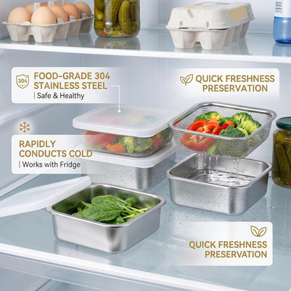 Square Strainer 3PCS/Set Fruit Storage Containers For Fridge Stainless Steel Square Strainer With Lid Lettuce Keeper Dish 1500ml