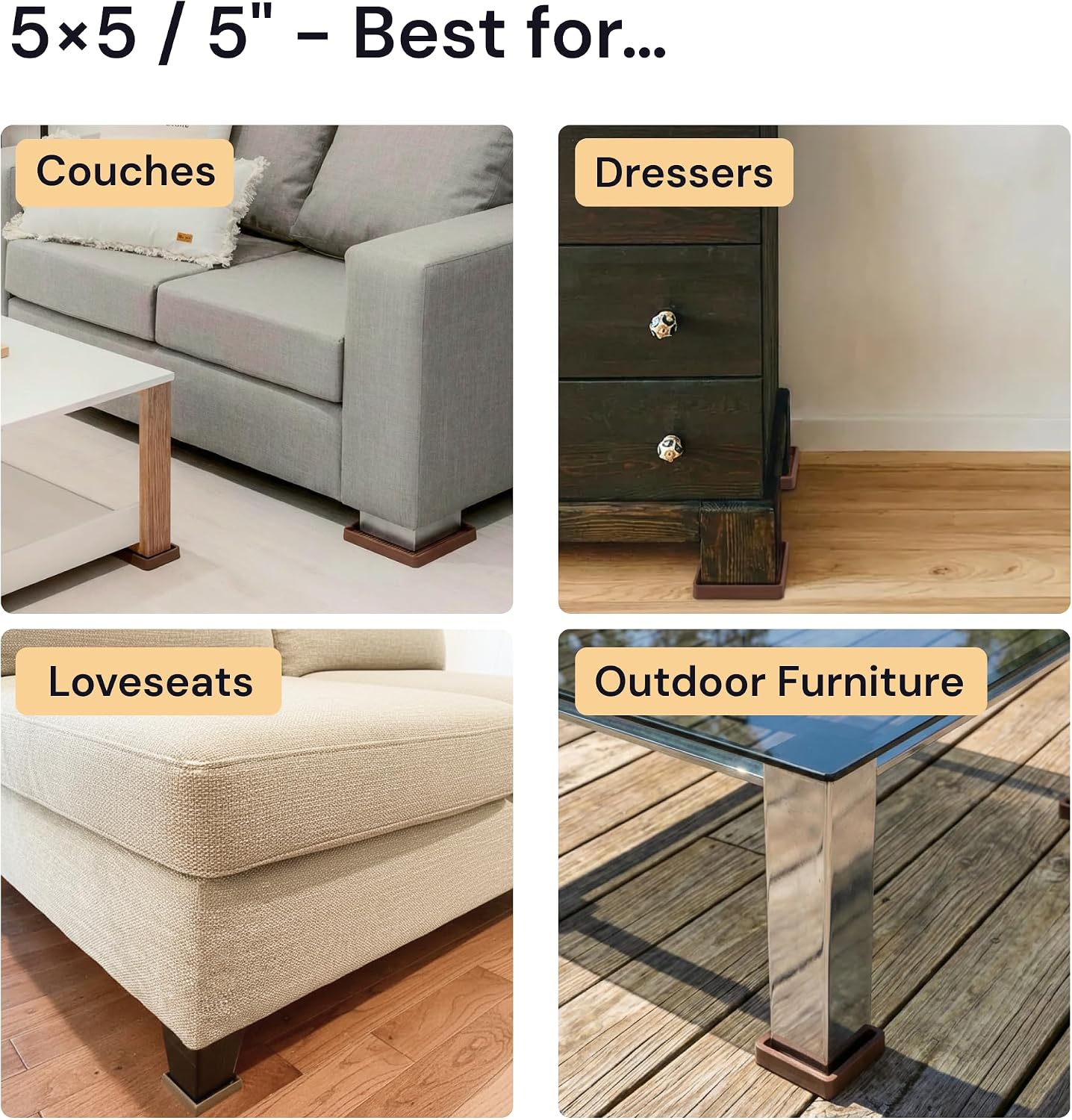Non-Slip Furniture Pads - 4x4 in Brown, 4 Pack | Square rubber caster cups - anti-skid - Use for heavy sofas, beds & chairs on hardwood floors
