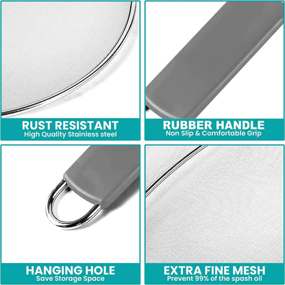 13" Grease Splatter Screen for Cooking | Stainless Steel Oil Splatter Guard and Ultra-Fine Mesh Protects Skin from Burns | TPR Tight-Grip Handle (Red)