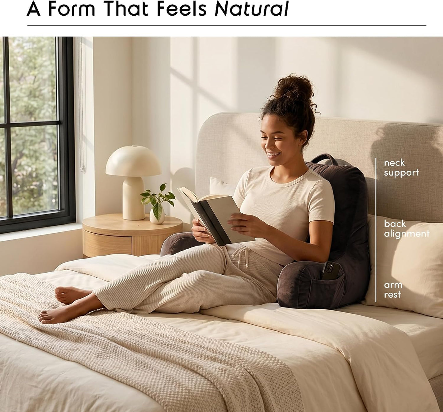 Nestl Reading Pillow with Shredded Memory Foam, Designed for Sitting Up in Bed and Couch, Back and Arms Adjustable Support for Adult & Teens Backrest Pillows for Reading, with Washable Cover Dark Grey