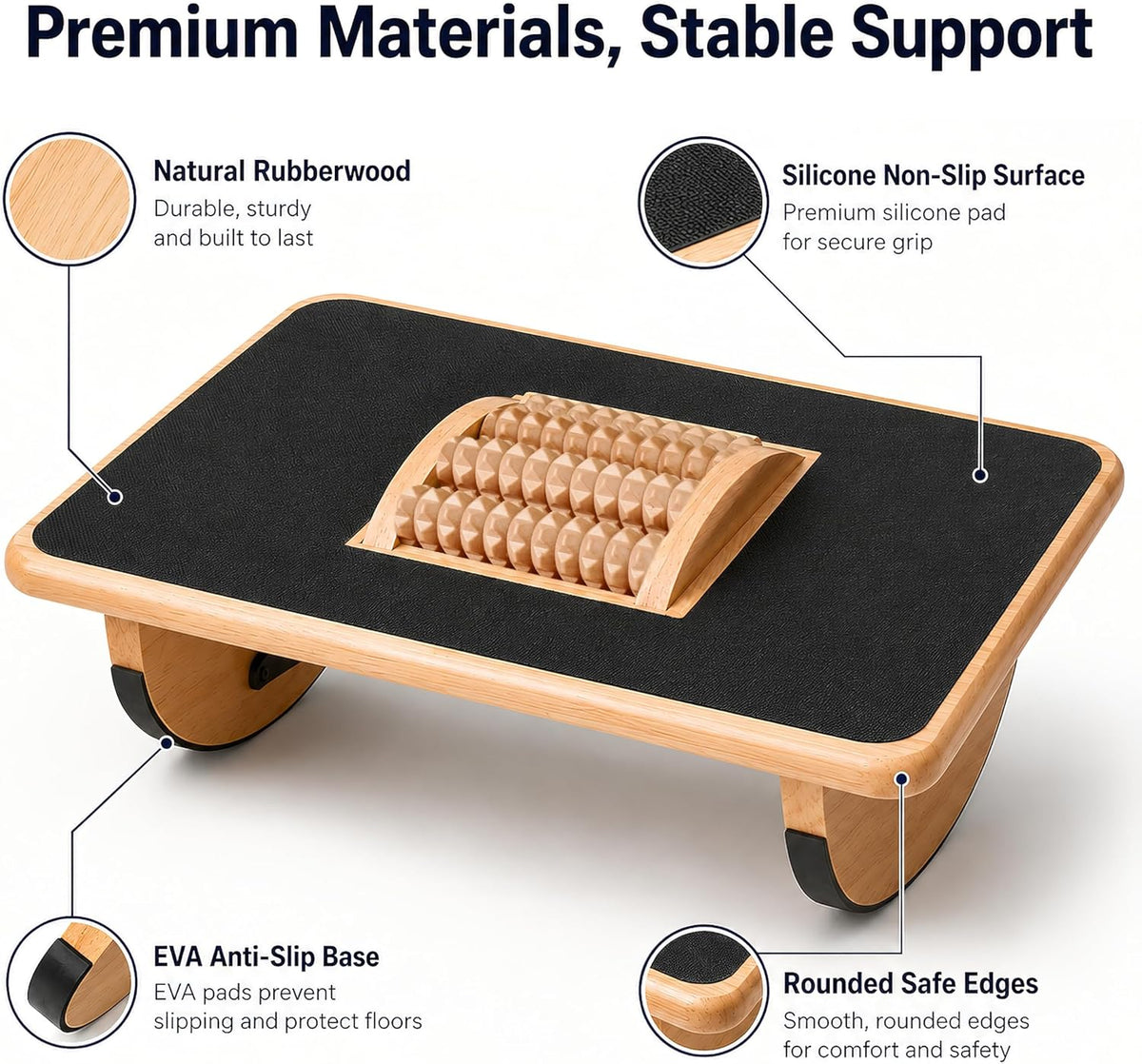 Foldable Under Desk Foot Rest, Wooden Rocking Footrest with 4 Massage Rollers, Natural Rubber Wood Ergonomic Foot Stool with Silicone Anti-Slip Surface, Office Home Study Footrest for Post