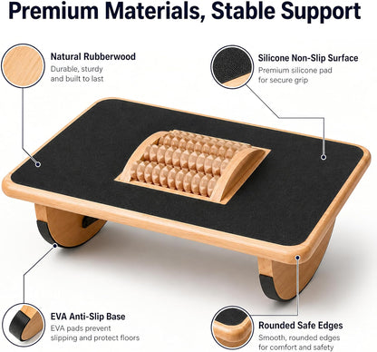 Foldable Under Desk Foot Rest, Wooden Rocking Footrest with 4 Massage Rollers, Natural Rubber Wood Ergonomic Foot Stool with Silicone Anti-Slip Surface, Office Home Study Footrest for Post