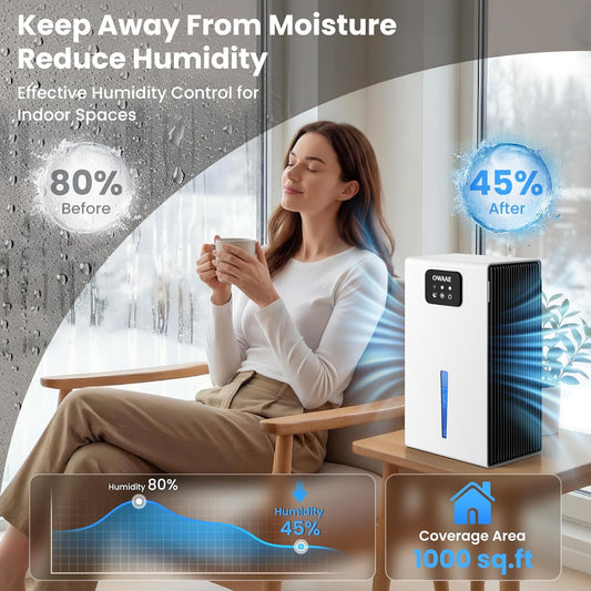 Dehumidifier for Home with Auto Shutoff Sleep Mode, 1000 Sq Ft | Quiet for Bedroom Basement Bathroom with Portable 95oz Water Tank, Auto Shutoff, 7-color LED light, White