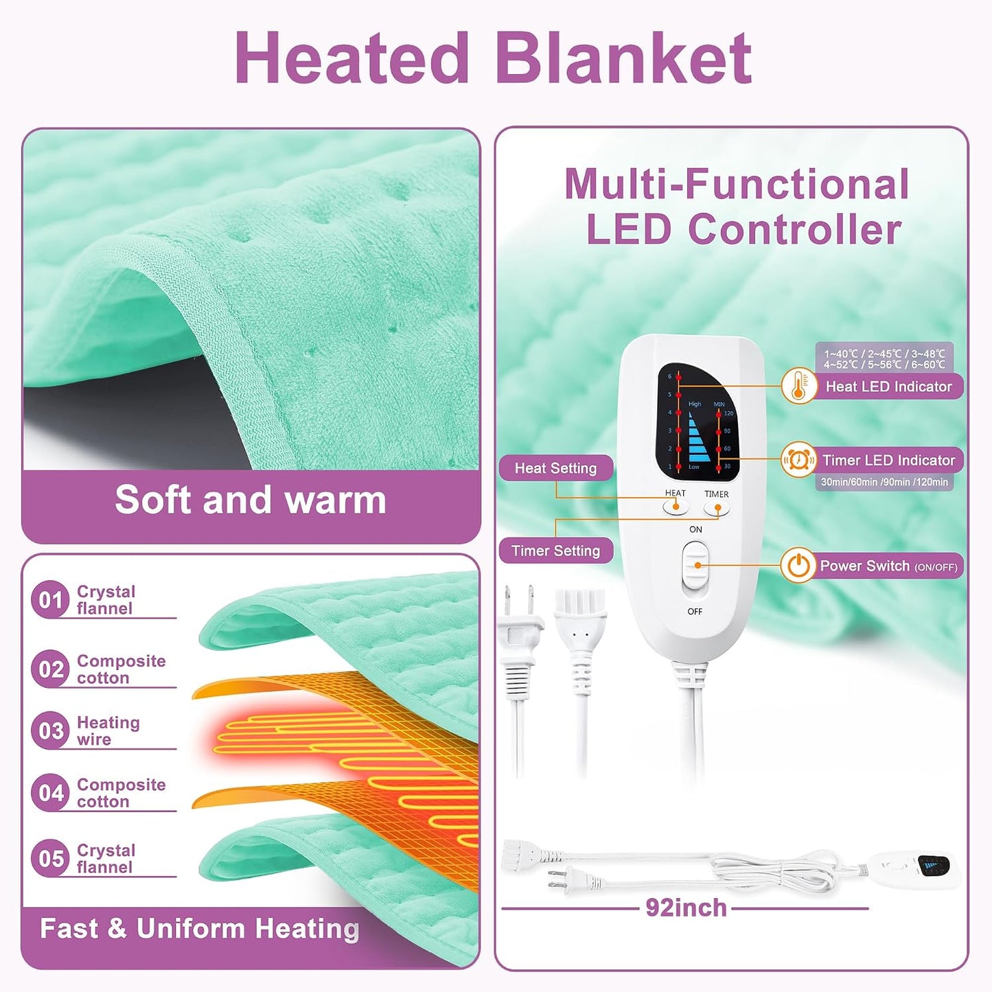Heating Pad,Heated Blanket,Heating Pad for Back Neck,Grey,24x12 Inch | Electric Heating Pad,Dry/Moist Heat Heating Pads,Heating Pads for Shoulder,Abdomen,Heat Pad for Women Men,Birthday Gift
