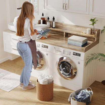 2-Tier Washer Dryer Countertop with 2.75" H Edge Rails, 54" W x 27.55" D Laundry Countertop for Folding Clothes, Washer and Dryer Topper with Non-Slip Pad (Dark Walnut)