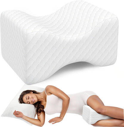 TranquilRelax Knee Pillow for Side Sleepers, Leg Pillow for Side Sleeping | Smooth Pillow for Spine Aligning, Comfortable Memory Foam Pillow for Hip, Back, Sciatica, Knee, Joints Pain (White)