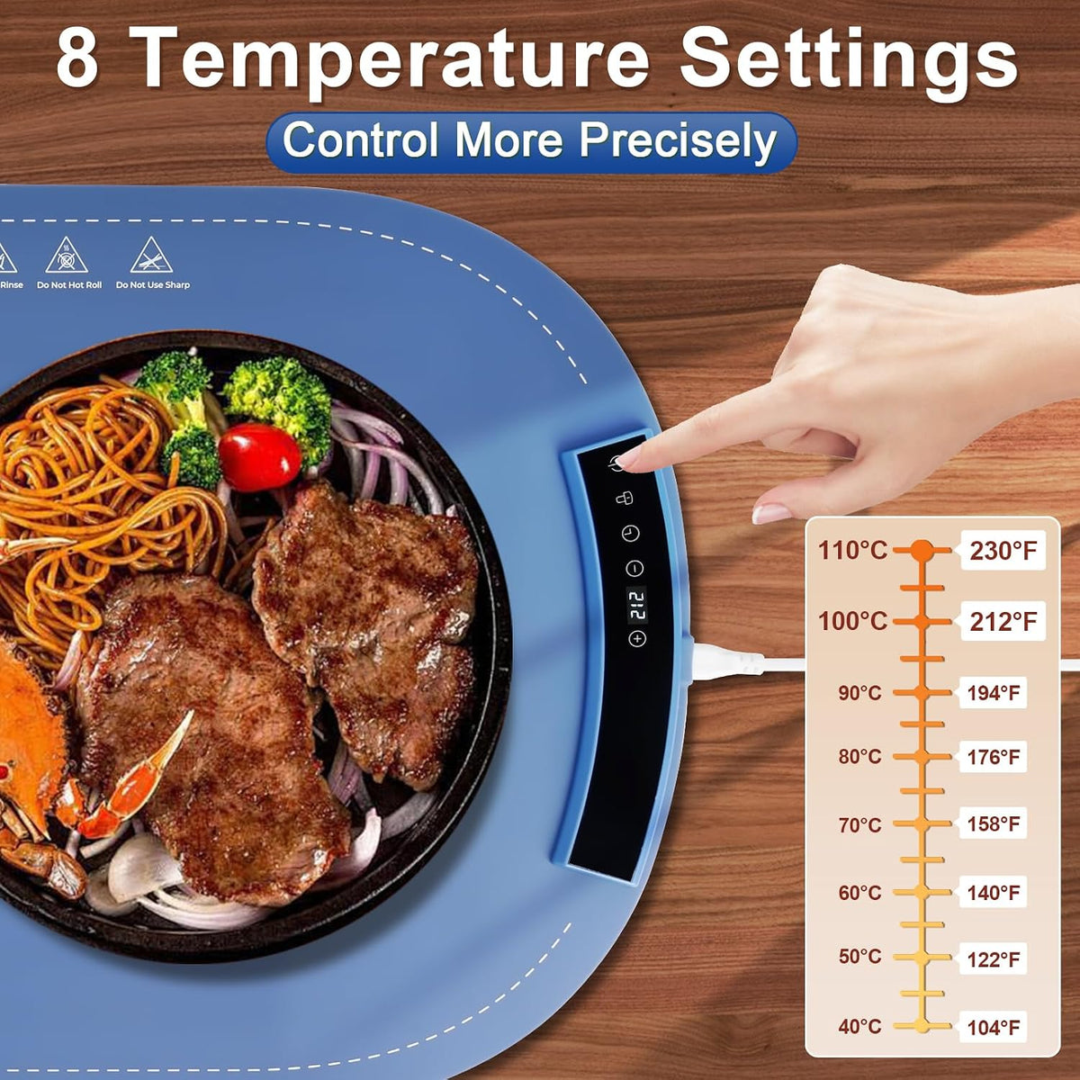 Food Warming Mats for Countertop - Warming Trays for Buffets Party, Silicone Electric Warmer with 7 Level Temp Adjustable / 4H Auto Timer, Hot Fast in 8s, Roll Up Heating Pad for Home Travel (Blue)