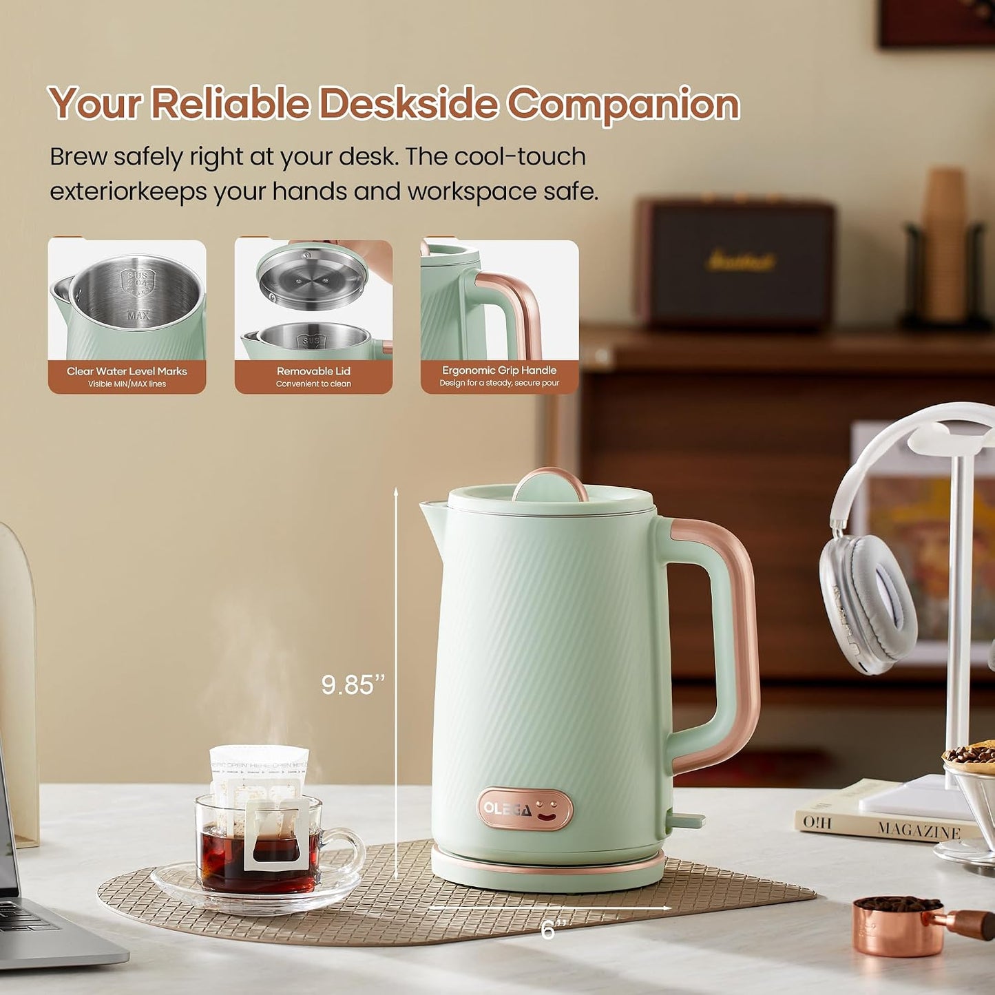 OLEGA Electric Tea Kettle: 1200W Fast Boil Electric Water Kettles 1.5L | Stainless Steel Kettle; Large Electric Water Kettle; Plastic Free Teapot; Auto Shut-Off Water Boiler; Fast Boil Kettles