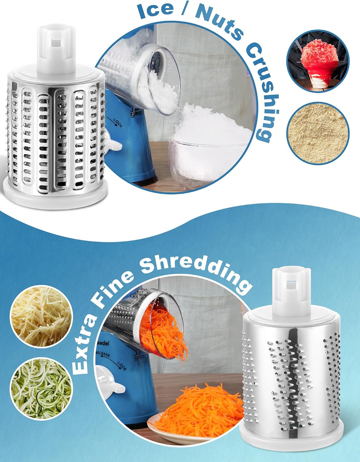 Geedel Rotary Cheese Grater, Kitchen Mandoline Vegetable Slicer with 3 Interchangeable Blades, Easy to Clean Rotary Grater Slicer for Fruit, Vegetables, Nuts | 3 Blades, 430 Stainless Steel, 12x Fast Cutting, Strong Suction Base, No BPA, Dishwasher Safe,