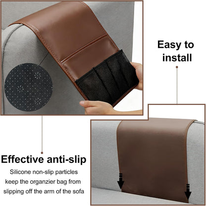 Anti-slip Sofa Armrest Bag with 5 Pockets Leather Remote Control Holder Organizer for Tablet Magazine Newspaper Glasses Earphone