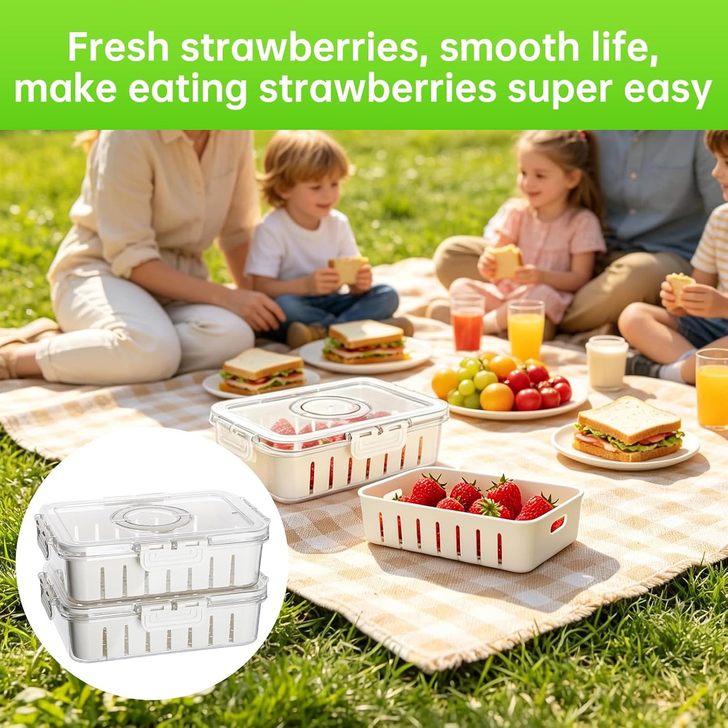 Fruit Storage Containers for Fridge, Strawberry Containers for Fridge with Handle, 2 Pack Keepers with Removable Mesh Screen, Berry Saver for Fresh Fruit, Stays Fresh, Simple to Clean