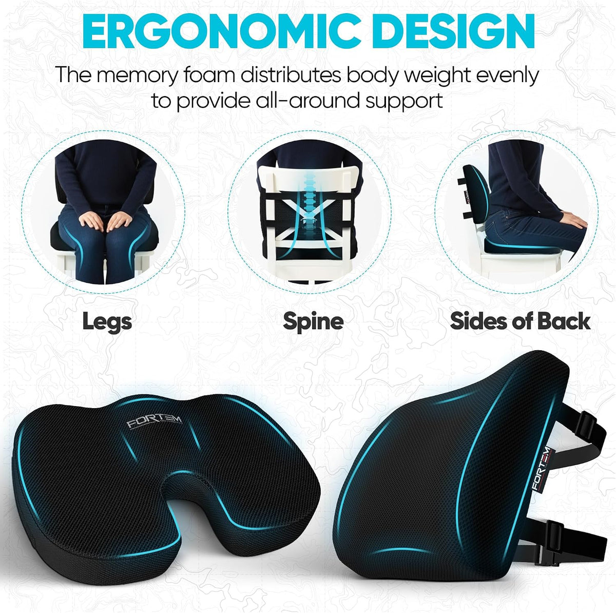 FORTEM Seat Cushion & Lumbar Support for Office Chair, Wheelchair, Car