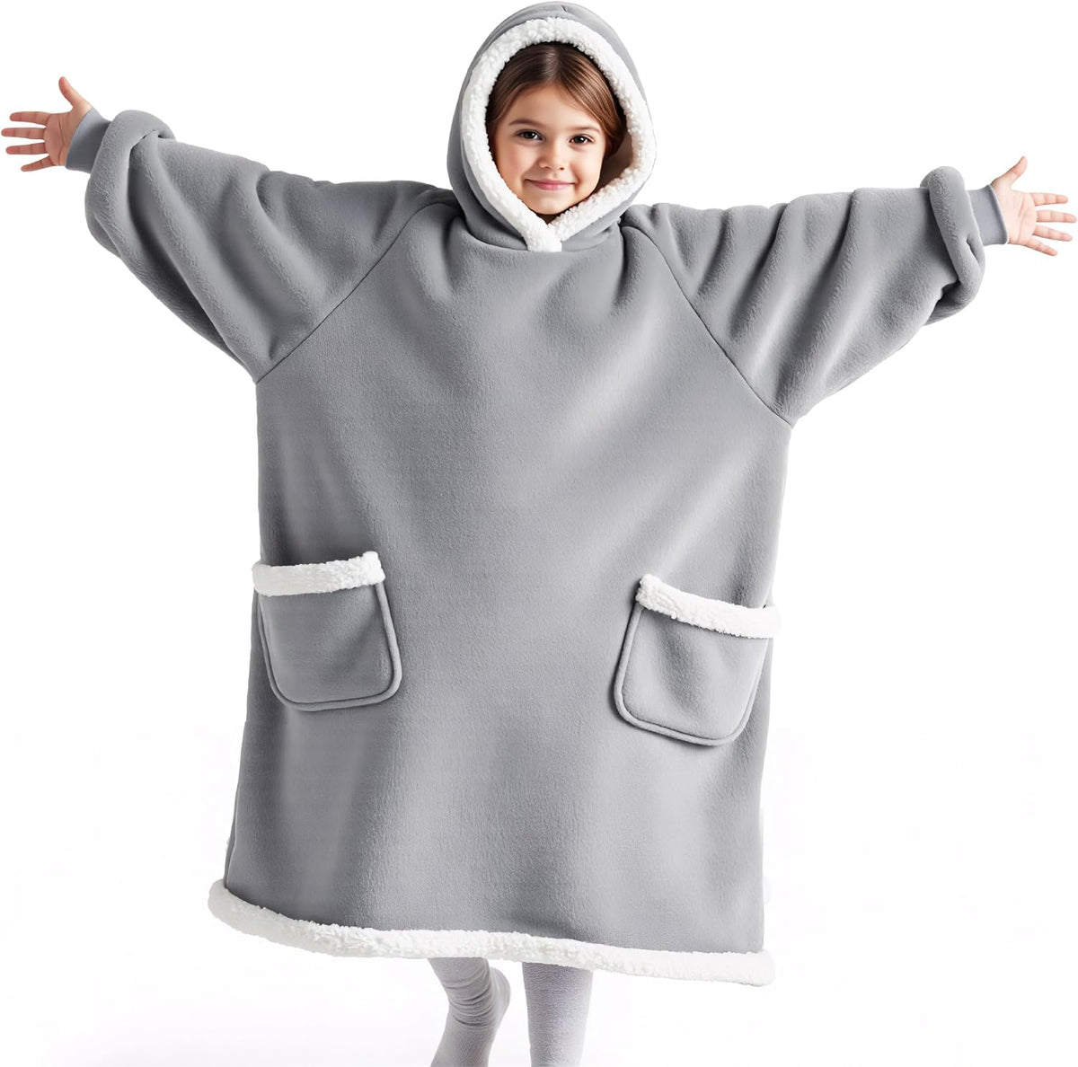 Bedsure Wearable Blanket Sherpa Hoodie Gifts, Sweatshirt, Grey, Standard