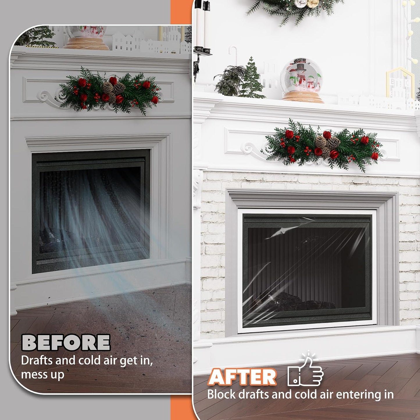 GCGOODS Fireplace Insulation Cover Kit to Prevent Heat Loss, Draft Stopper With Hook & Loop Tape, Adjustable Easy Cut to Fit, Transparent Screen, 39" x 78"