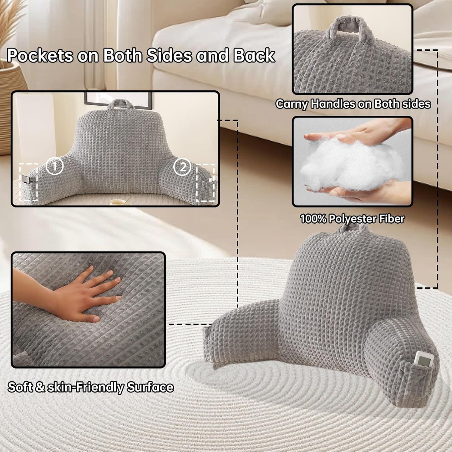 Reading Pillow with Arms for Sitting in Bed,Backrest,White Flannel,M | 17" Backrest Supports Back for College Students,Elbows & Forearms for Dorm Reading,Gaming,Watching TV