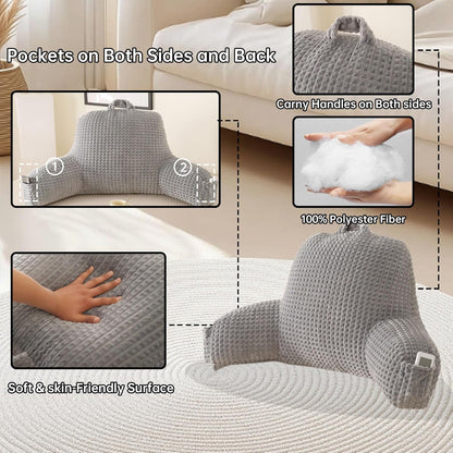 Reading Pillow with Arms for Sitting in Bed,Backrest,White Flannel,M | 17" Backrest Supports Back for College Students,Elbows & Forearms for Dorm Reading,Gaming,Watching TV