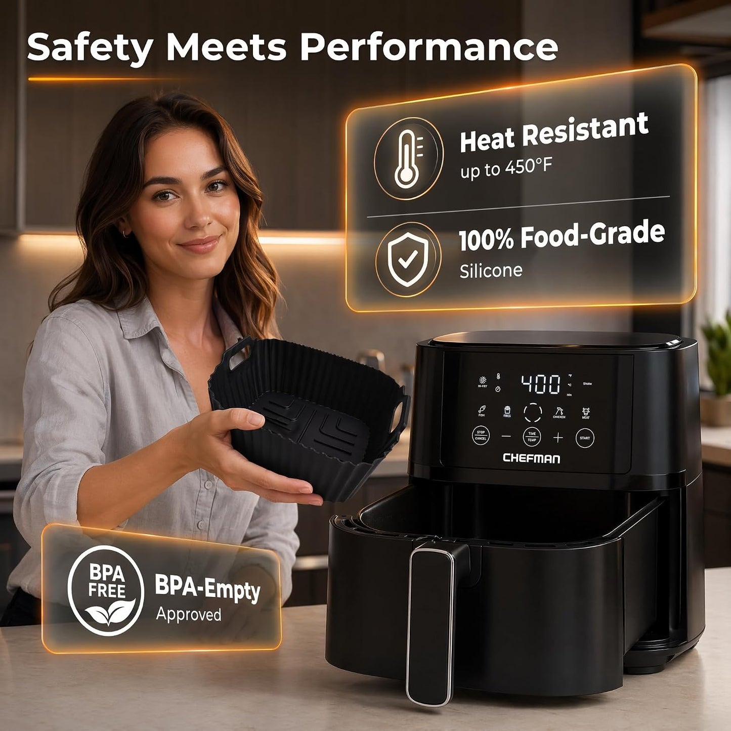 Silicone Air Fryer Liners Accessories For Chefman 4 Qt Compact Airfryer, Reusable Silicone Air Fryer Mats Square, Dishwasher Safe Airfryer Accessories Basket For RJ38-4TW-BLACK & RJ38-4T-BLACK